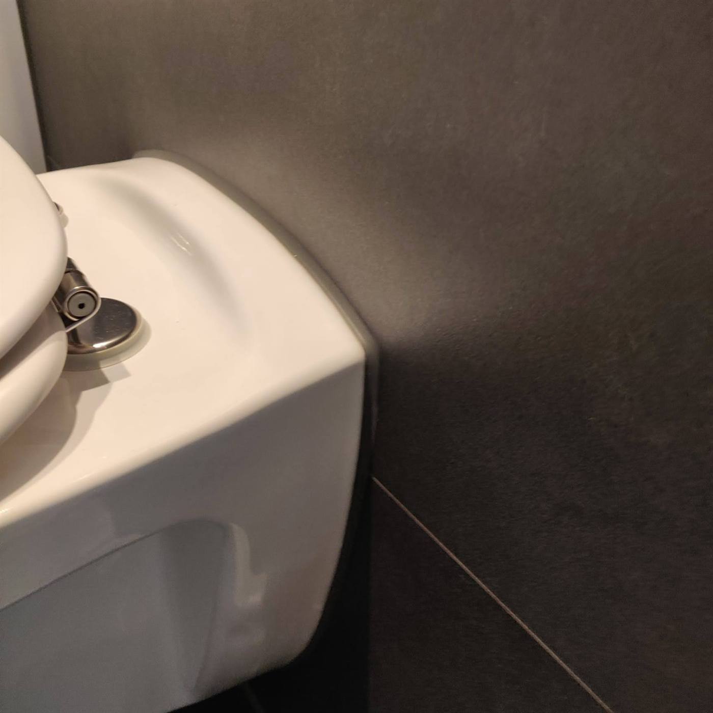 Close-up van een strakke kitvoeg tussen hangtoilet en donkere wandtegel